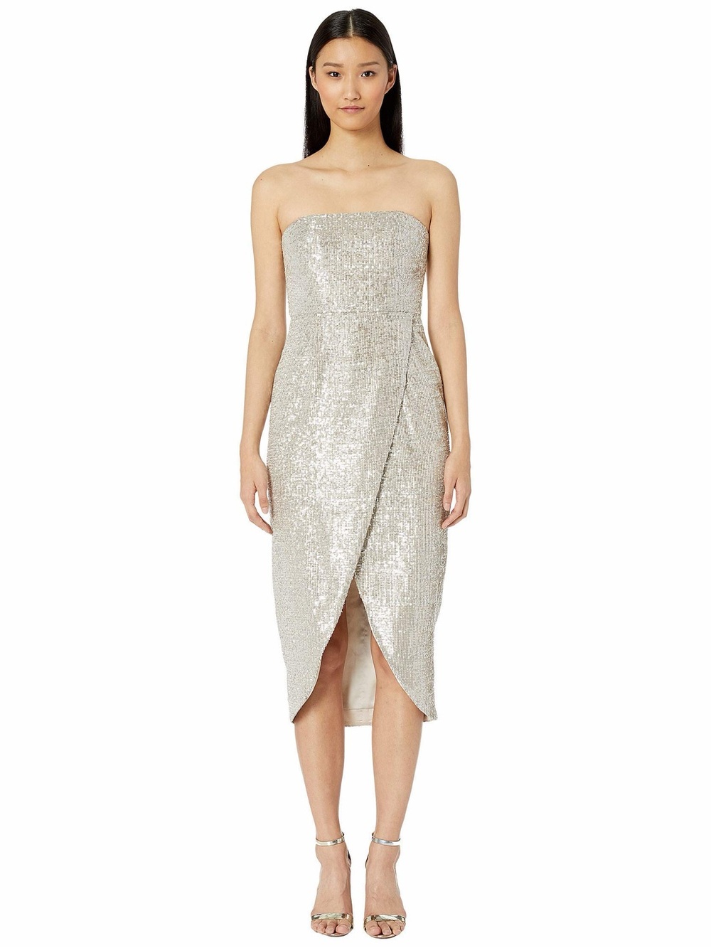 Monique Lhuillier Champagne Strapless Sequin Tulip Dress (4)